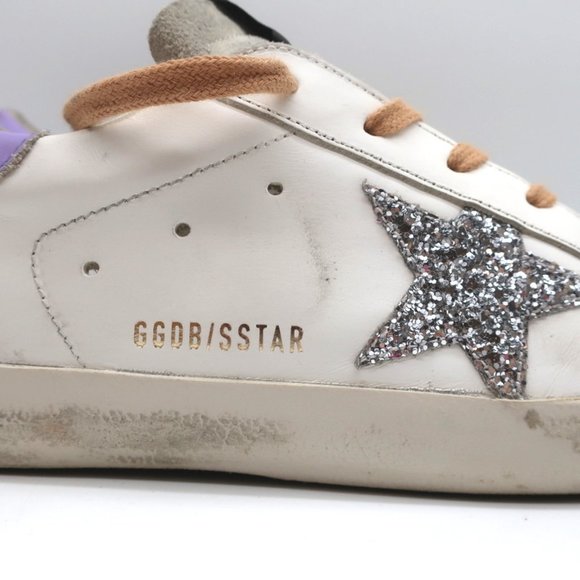 GOLDEN GOOSE SUPERSTAR GLITTER STAR SNEAKERS WHITE/PURPLE LEATHER SIZE 41 - Picture 2 of 11